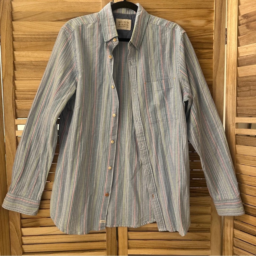 Scotch & Soda men's striped cotton-linen blend button-down shirt Size L